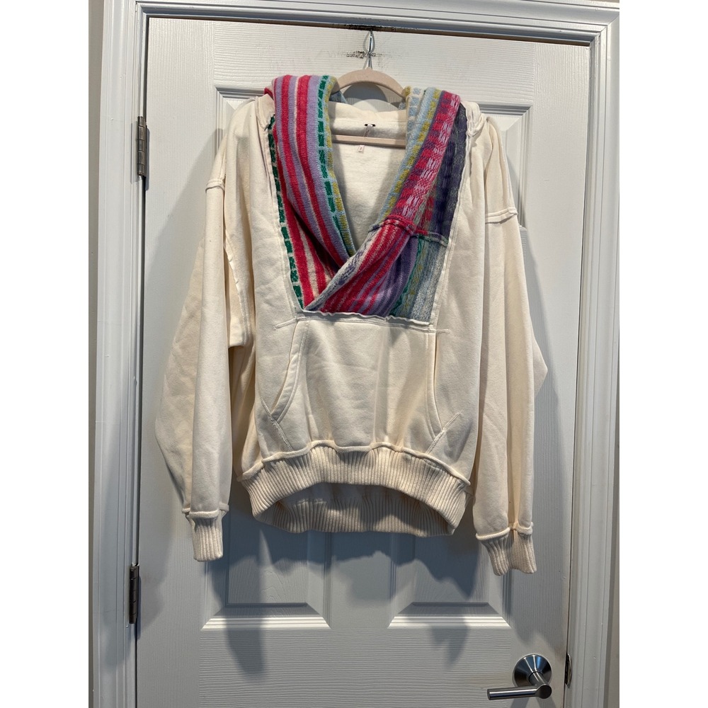 Free People We The Free Stripe Shawl Hooded Pullover Sweatshirt Ivory M